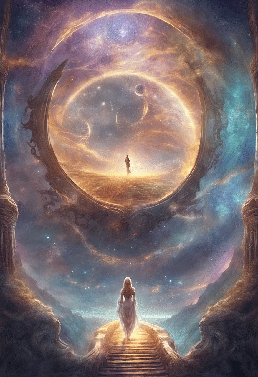 Passage d'âmes une personne se tien face a une autre personne qui se reflète dans un autre dimension